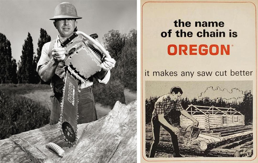 Joe Cox holding a chainsaw with Oregon bar and chain next to a timber beetle next to an early ad for Oregon saw chain
